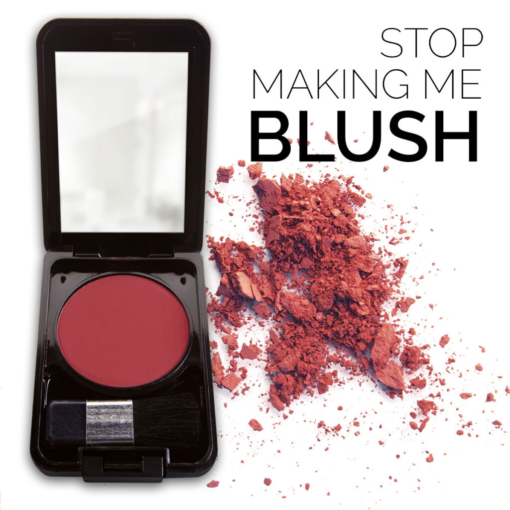 Blush compact with crumbles of blush in background
