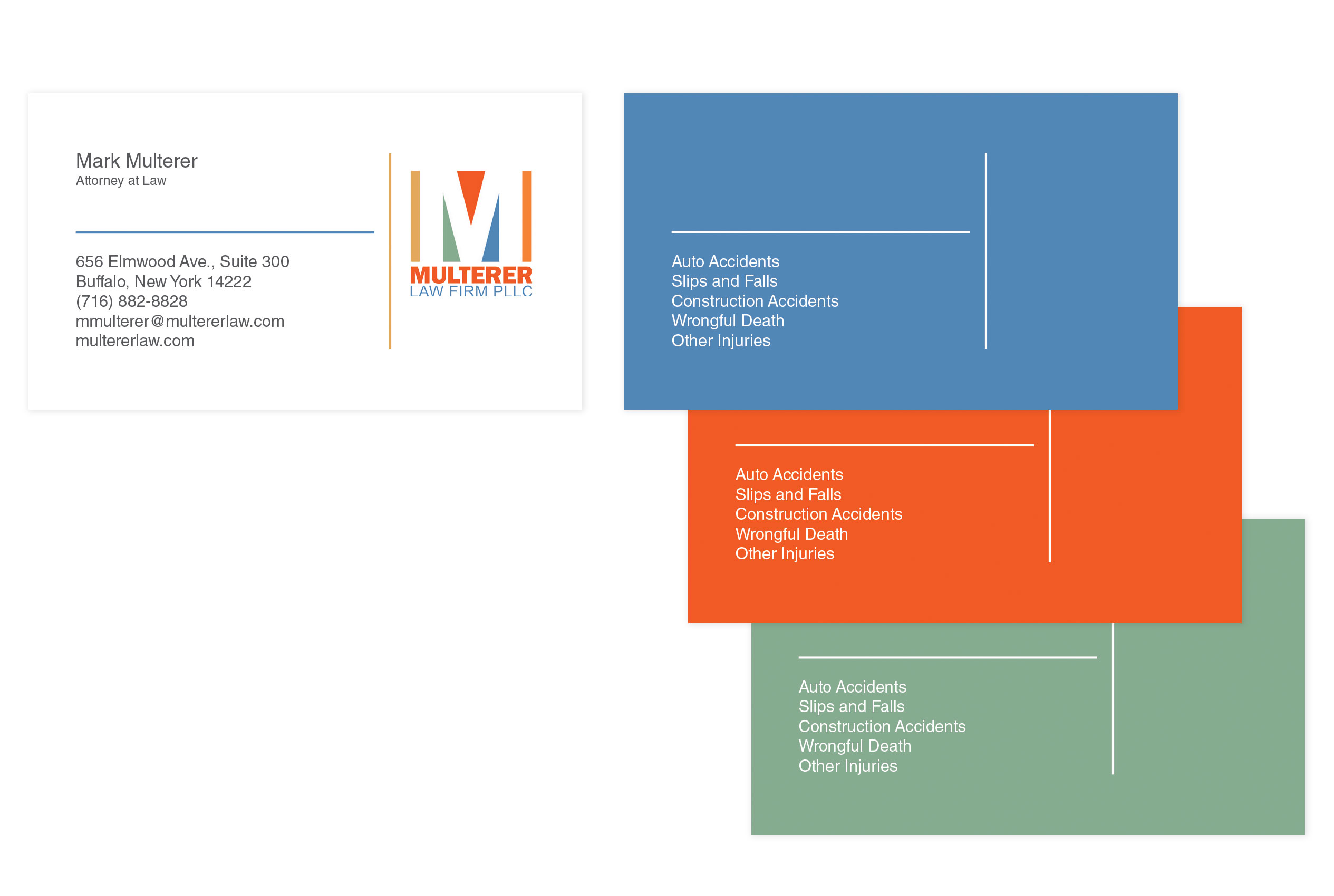 Multerer Law Firm business cards showing multicolored backs: blue, orange, green