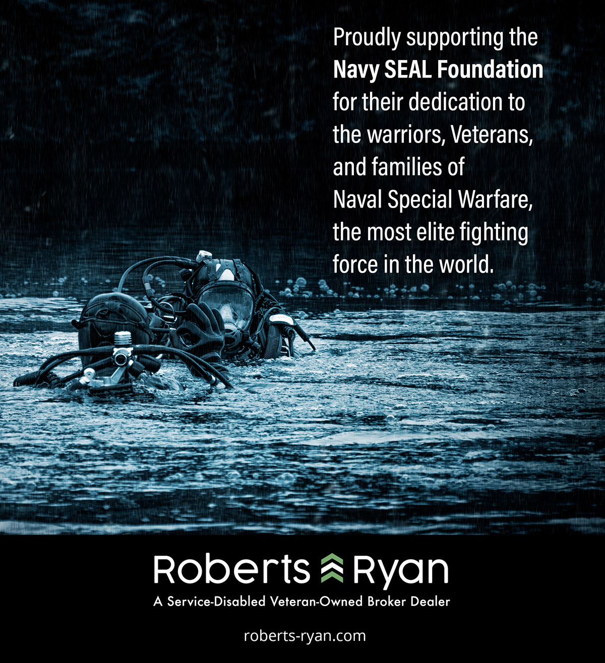 Navy SEAL Foundation ad with two Navy SEALS emerging from the water at night