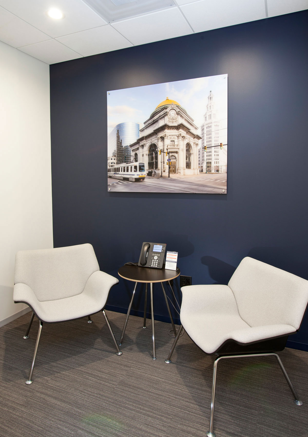 Interior of phone room with large photo of Gold dome bank
