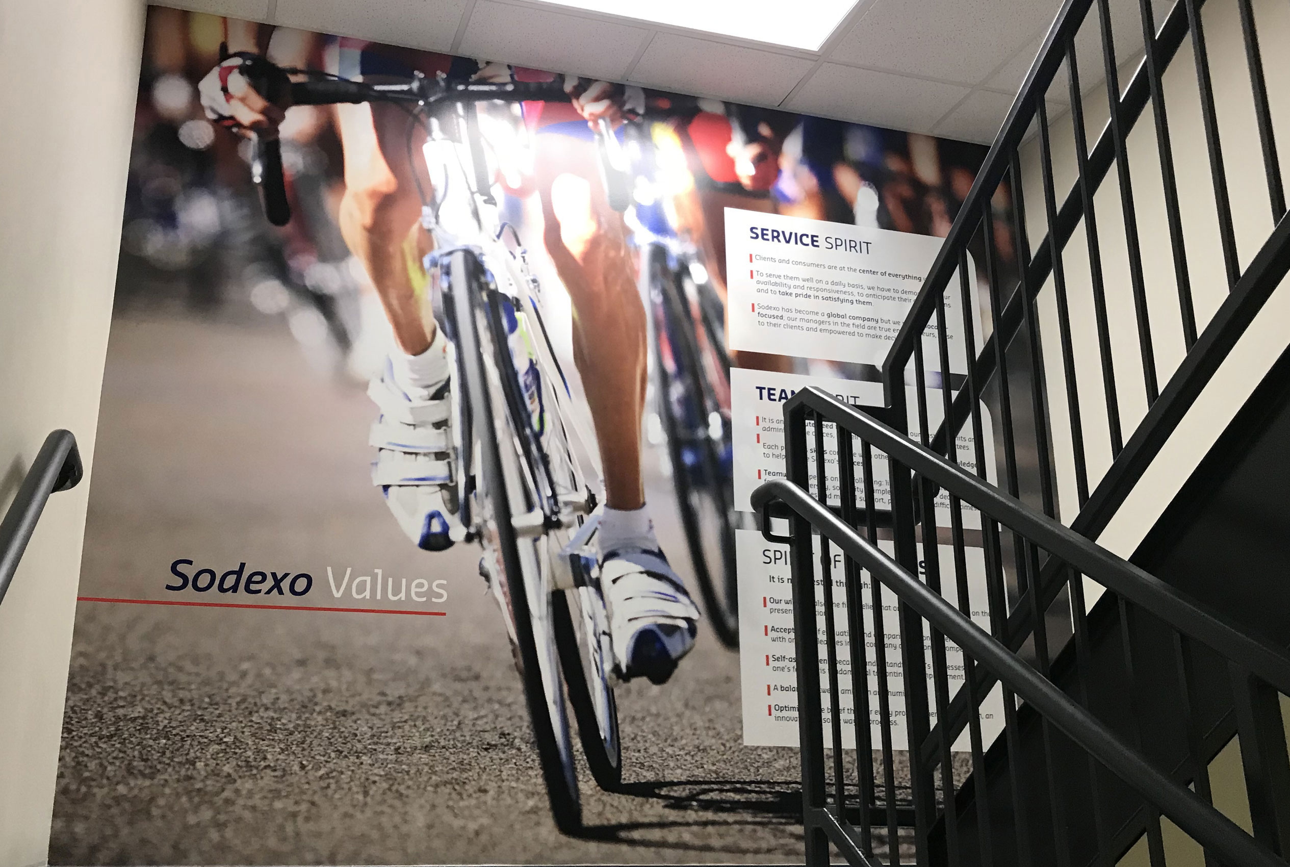 Large wall photo in stairwell of Tour de France cyclists