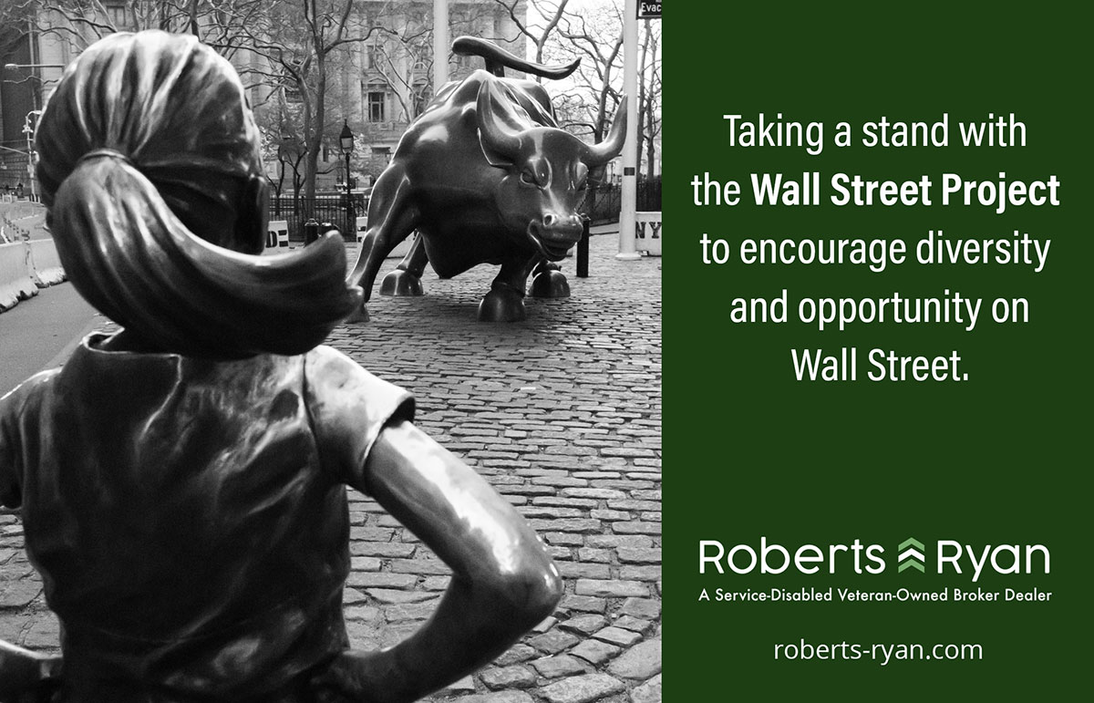 Ad for Wall Street Project with photo of Wall Street Fearless and Bull sculptures