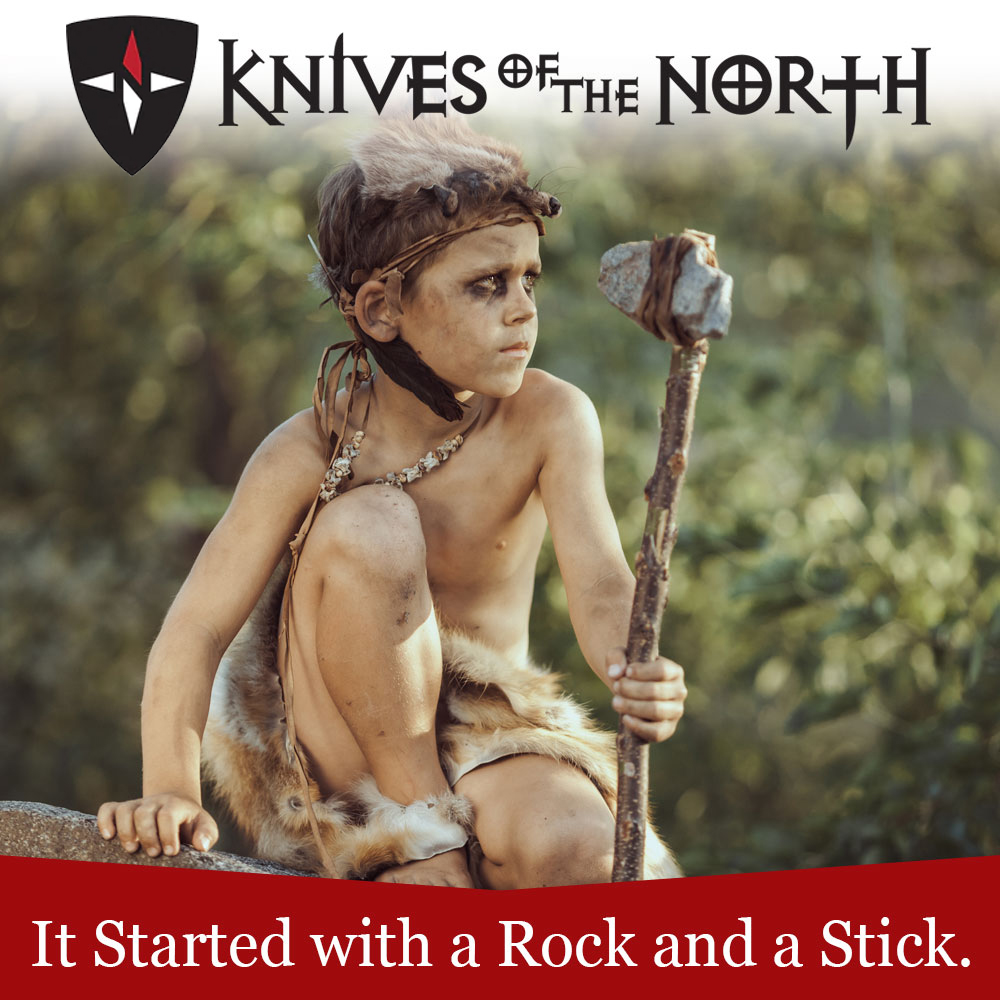 Prehistoric young man holding an axe made of a stick and rock