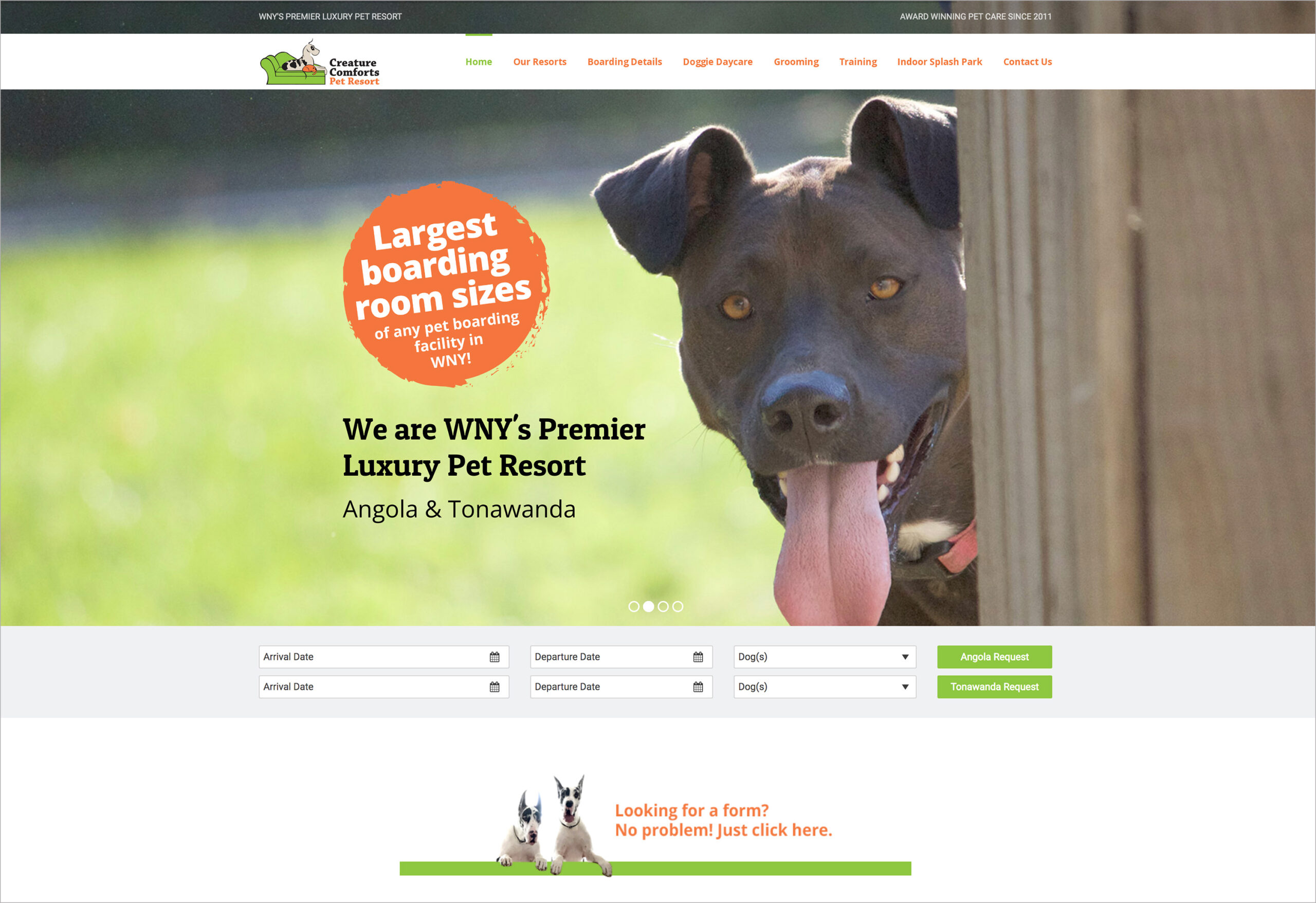 Creature Comforts Pet Resort website screenshot with brown dog peaking from behind a wood fence