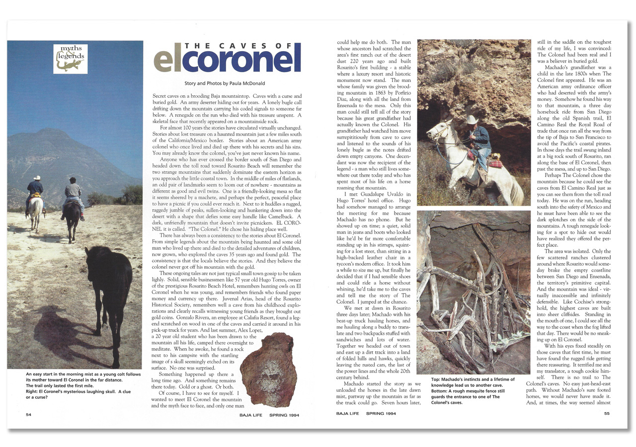 Magazine spread of cowboys riding horses in rocky and mountainous desert