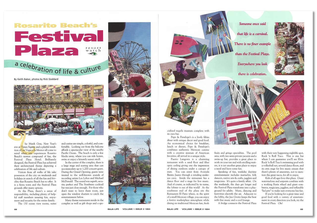 Magazine spread of colorful photos of Festival Plaza hotel in Rosarito Beach, Mexico