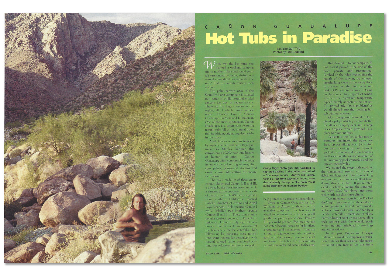 Magazine spread of man in natural rock hot tub in the mountains