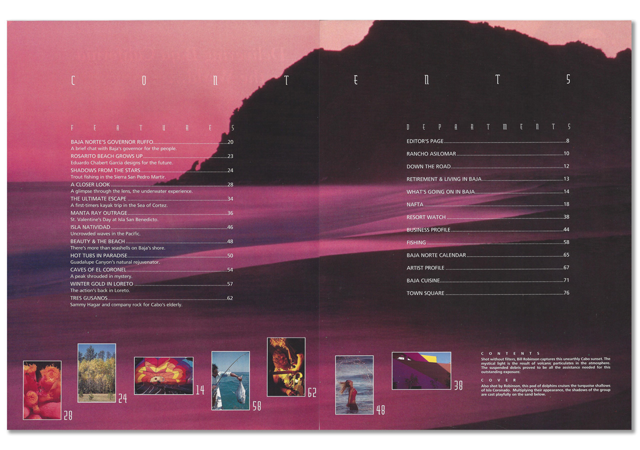 Magazine table of contents with photo of a beach and rock formation at a purple sunset