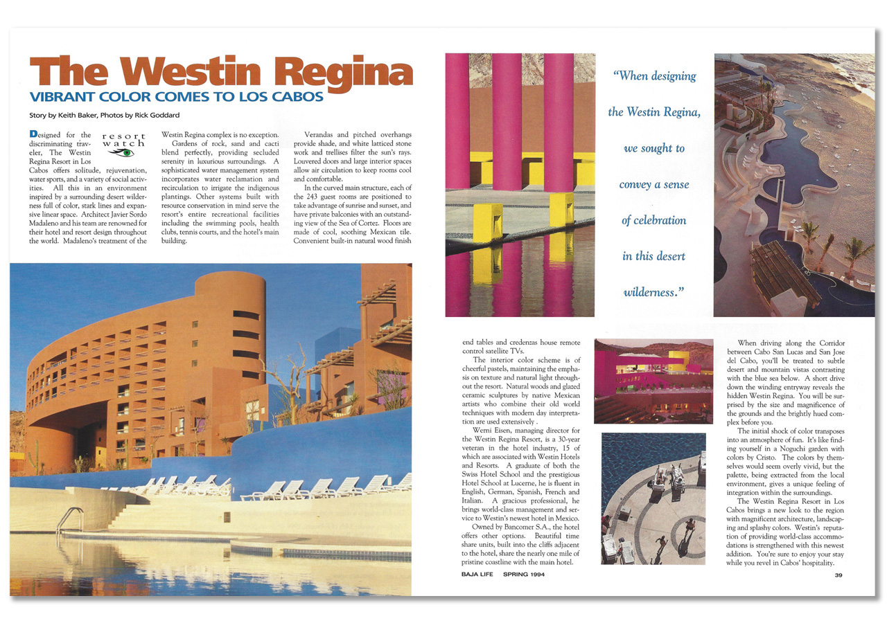 Magazine spread of Westin Regina hotel in Cabo San Lucas Mexico