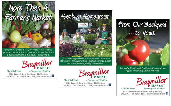 Three ads with photos of fresh vegetables and employees
