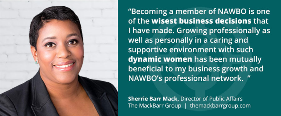 African American woman next to her quote about the benefits of joining NAWBO