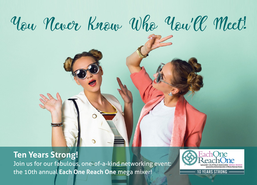 NAWBO postcard promoting annual event with two smiling goofy women in pigtails and sunglasses