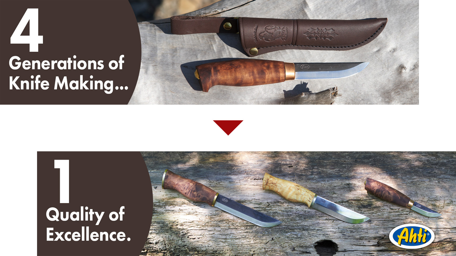 Website banners of Scandinavian knives photographed on various fallen logs