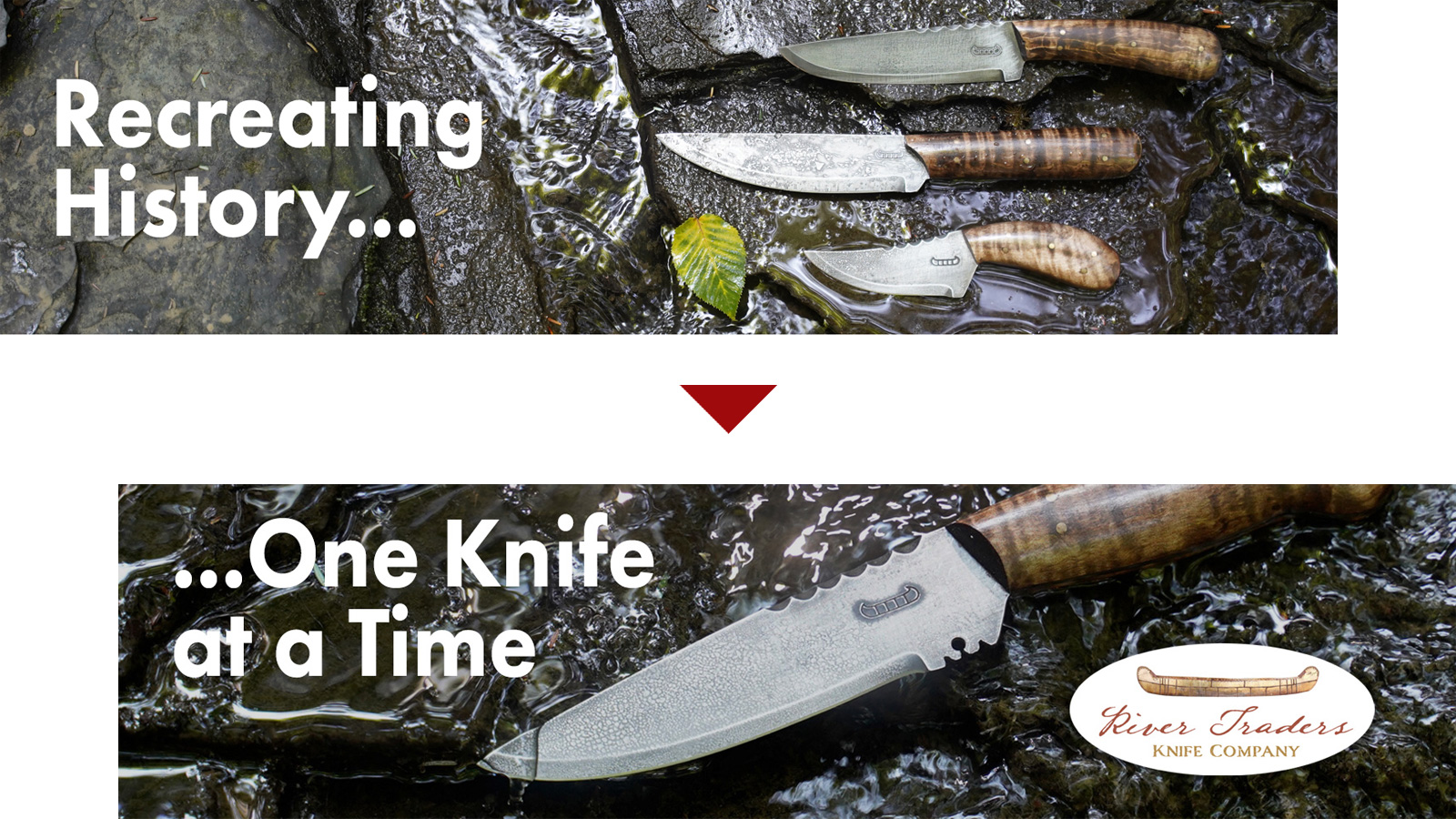 Website banners of Scandinavian knives photographed on shale in shallow water